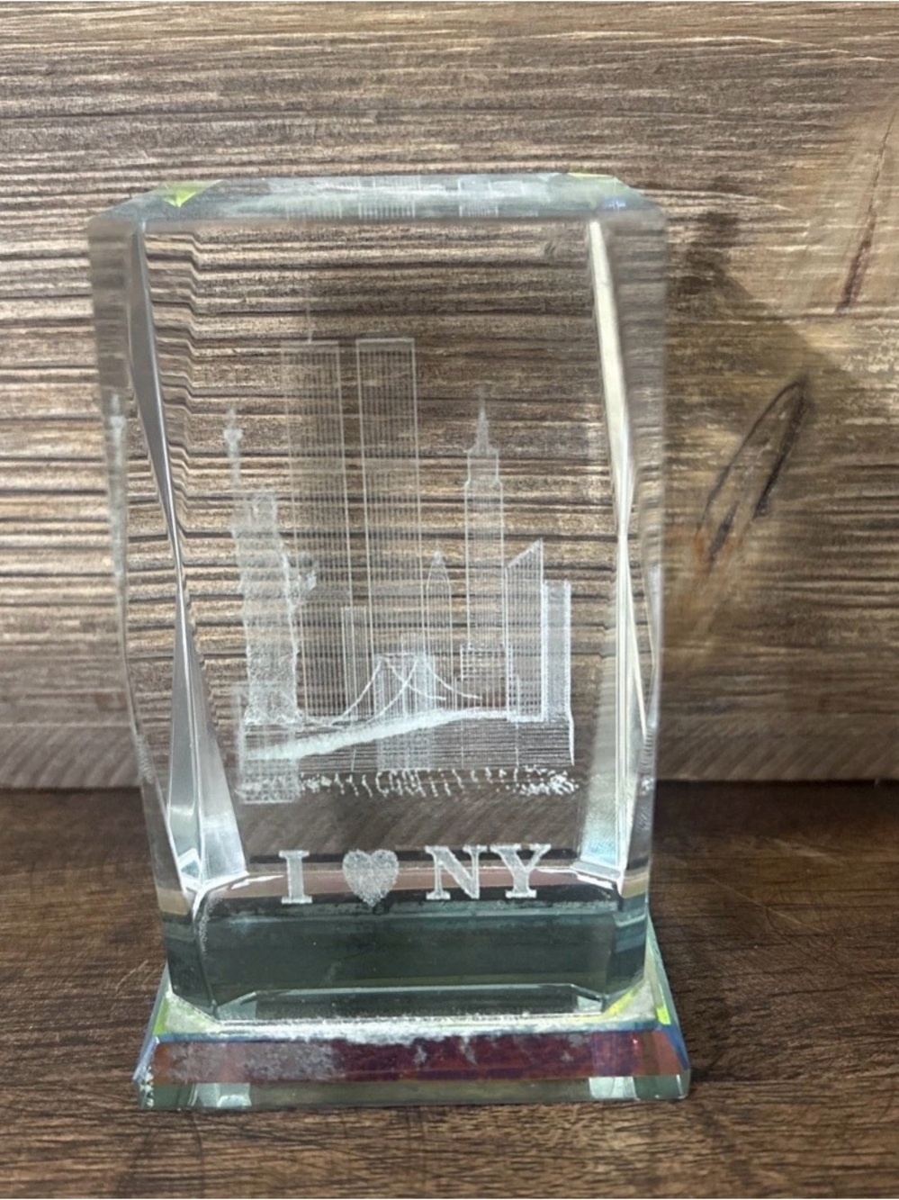 I ❤️ NYC 3D Crystal Glass Paperweight - New York City w/ Twin Towers Sky Line